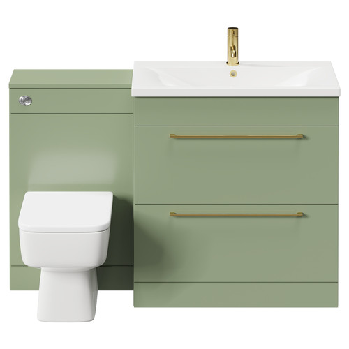 Napoli Olive Green 1300mm Vanity Unit Toilet Suite with 1 Tap Hole Basin and 2 Drawers with Brushed Brass Handles Front View