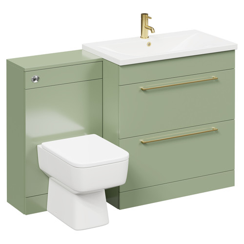 Napoli Olive Green 1300mm Vanity Unit Toilet Suite with 1 Tap Hole Basin and 2 Drawers with Brushed Brass Handles Left Hand View