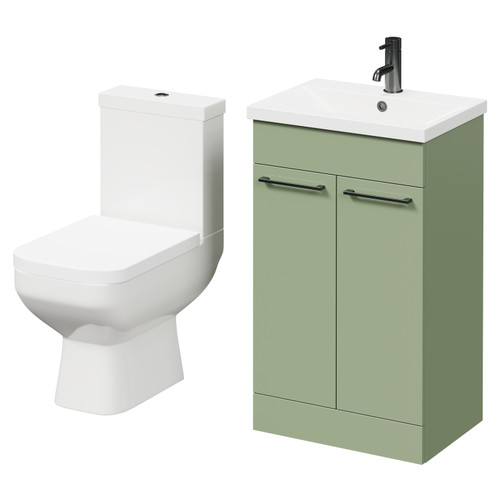 Turin Olive Green 500mm Floor Standing Vanity Unit and Toilet Suite with 1 Tap Hole Basin and 2 Doors with Gunmetal Grey Handles Right Hand View
