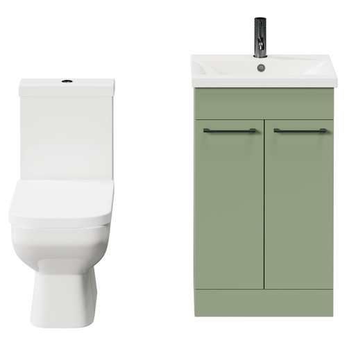 Turin Olive Green 500mm Floor Standing Vanity Unit and Toilet Suite with 1 Tap Hole Basin and 2 Doors with Gunmetal Grey Handles Front View