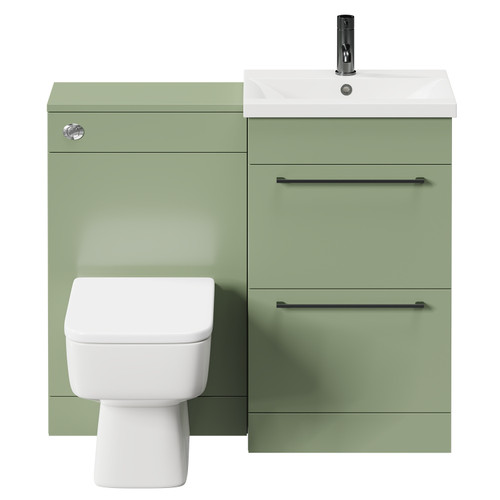 Napoli Olive Green 1000mm Vanity Unit Toilet Suite with 1 Tap Hole Basin and 2 Drawers with Gunmetal Grey Handles Front View