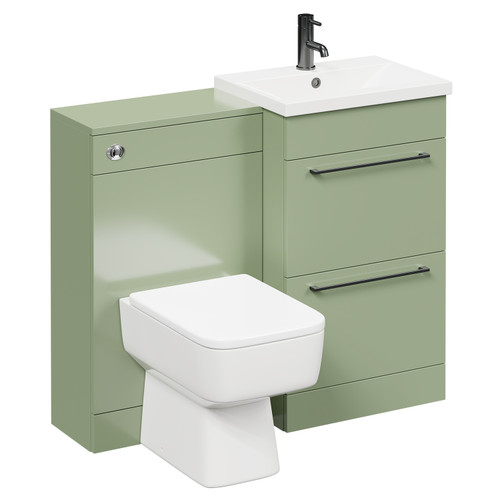 Napoli Olive Green 1000mm Vanity Unit Toilet Suite with 1 Tap Hole Basin and 2 Drawers with Gunmetal Grey Handles Left Hand View