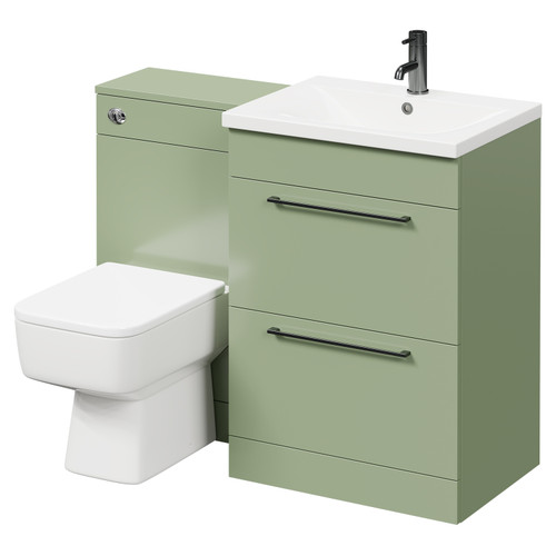 Napoli Olive Green 1100mm Vanity Unit Toilet Suite with 1 Tap Hole Basin and 2 Drawers with Gunmetal Grey Handles Right Hand View