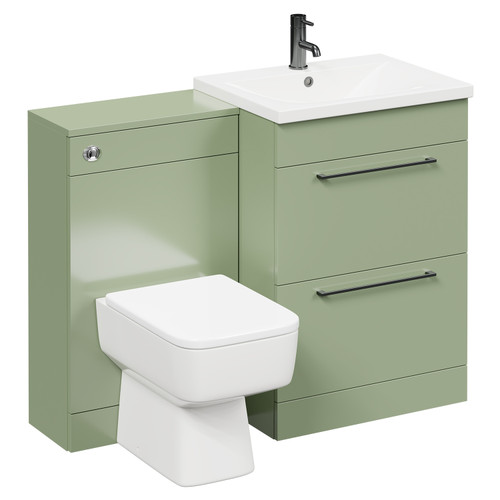 Napoli Olive Green 1100mm Vanity Unit Toilet Suite with 1 Tap Hole Basin and 2 Drawers with Gunmetal Grey Handles Left Hand View