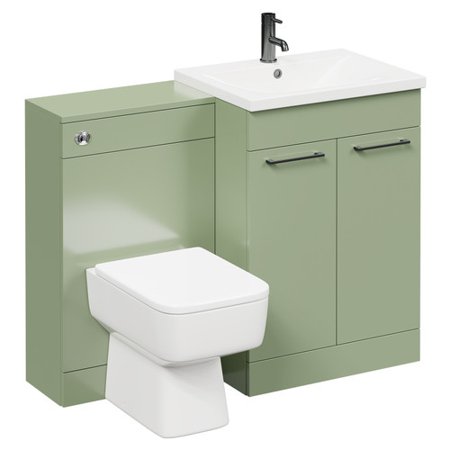 Napoli Olive Green 1100mm Vanity Unit Toilet Suite with 1 Tap Hole Basin and 2 Doors with Gunmetal Grey Handles Left Hand View