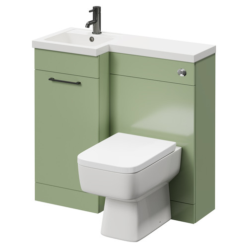 Napoli Combination Olive Green 900mm Vanity Unit Toilet Suite with Left Hand L Shaped 1 Tap Hole Basin and Single Door with Gunmetal Grey Handle Right Hand View