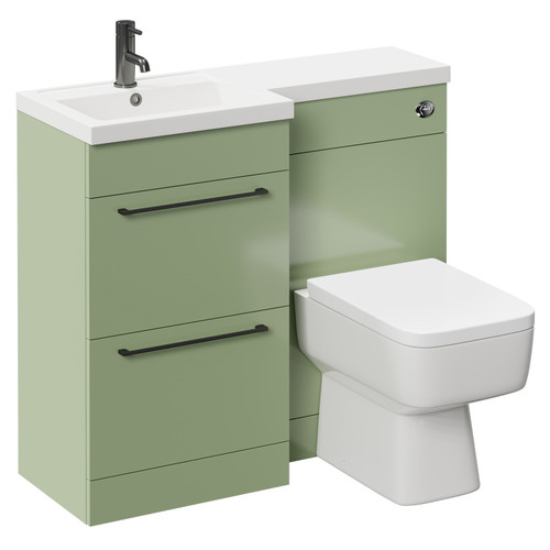 Napoli Combination Olive Green 1000mm Vanity Unit Toilet Suite with Left Hand L Shaped 1 Tap Hole Basin and 2 Drawers with Gunmetal Grey Handles Left Hand Side View
