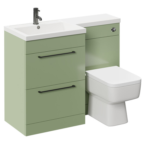 Napoli Combination Olive Green 1100mm Vanity Unit Toilet Suite with Left Hand L Shaped 1 Tap Hole Basin and 2 Drawers with Gunmetal Grey Handles Left Hand Side View