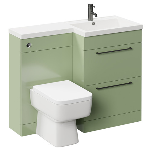 Napoli Combination Olive Green 1100mm Vanity Unit Toilet Suite with Right Hand L Shaped 1 Tap Hole Basin and 2 Drawers with Gunmetal Grey Handles Left Hand Side View