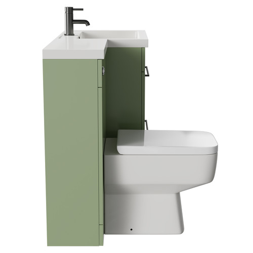 Napoli Combination Olive Green 1100mm Vanity Unit Toilet Suite with Right Hand L Shaped 1 Tap Hole Basin and 2 Drawers with Gunmetal Grey Handles Side on View