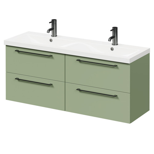 Napoli Olive Green 1200mm Wall Mounted Vanity Unit with Ceramic Double Basin and 4 Drawers with Gunmetal Grey Handles Right Hand View Napoli Olive Green 1200mm Wall Mounted Vanity Unit with Ceramic Double Basin and 4 Drawers with Gunmetal Grey Handles Right Hand View