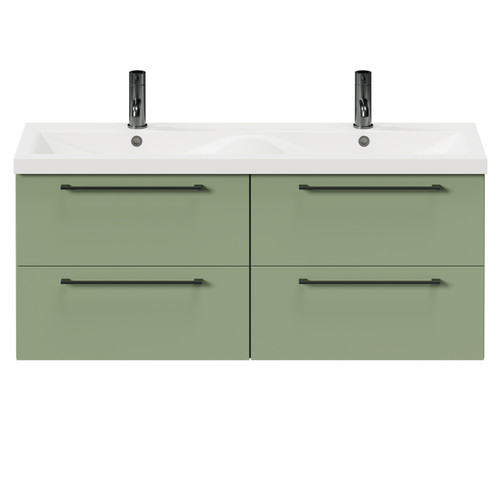 Napoli Olive Green 1200mm Wall Mounted Vanity Unit with Ceramic Double Basin and 4 Drawers with Gunmetal Grey Handles Front View Napoli Olive Green 1200mm Wall Mounted Vanity Unit with Ceramic Double Basin and 4 Drawers with Gunmetal Grey Handles Front View