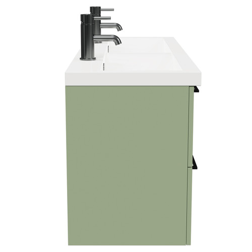 Napoli Olive Green 1200mm Wall Mounted Vanity Unit with Ceramic Double Basin and 4 Drawers with Gunmetal Grey Handles View From Side Napoli Olive Green 1200mm Wall Mounted Vanity Unit with Ceramic Double Basin and 4 Drawers with Gunmetal Grey Handles View From Side