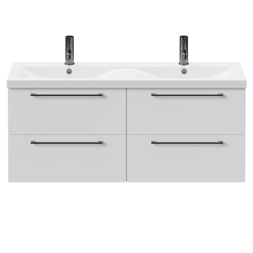 Napoli Gloss White 1200mm Wall Mounted Vanity Unit with Ceramic Double Basin and 4 Drawers with Gunmetal Grey Handles Front View