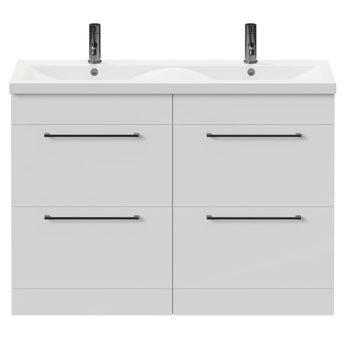 Napoli Gloss White 1200mm Floor Standing Vanity Unit with Ceramic Double Basin and 4 Drawers with Gunmetal Grey Handles Front View
