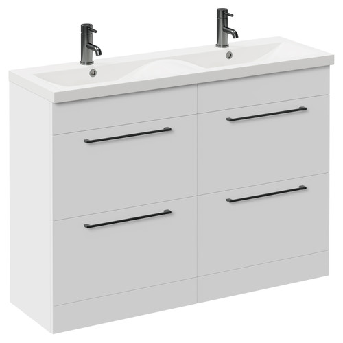 Napoli Gloss White 1200mm Floor Standing Vanity Unit with Ceramic Double Basin and 4 Drawers with Gunmetal Grey Handles Left Hand View