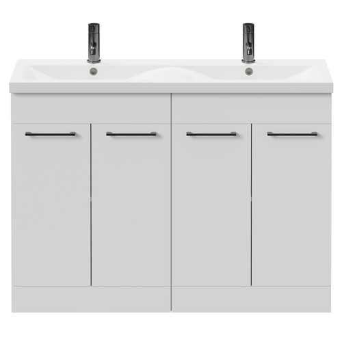 Napoli Gloss White 1200mm Floor Standing Vanity Unit with Ceramic Double Basin and 4 Doors with Gunmetal Grey Handles Front View
