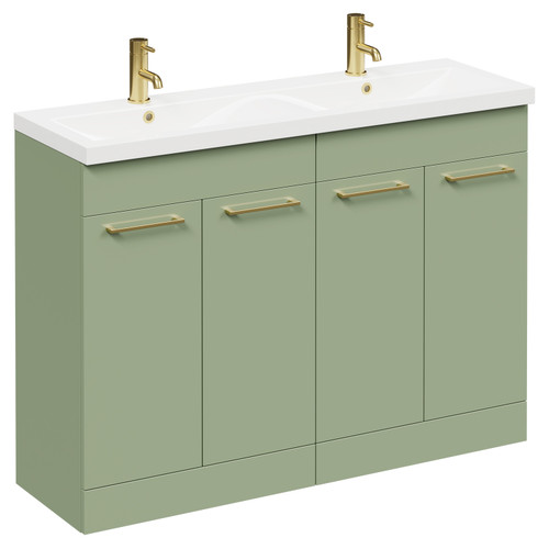 Napoli Olive Green 1200mm Floor Standing Vanity Unit with Ceramic Double Basin and 4 Doors with Brushed Brass Handles Left Hand View
