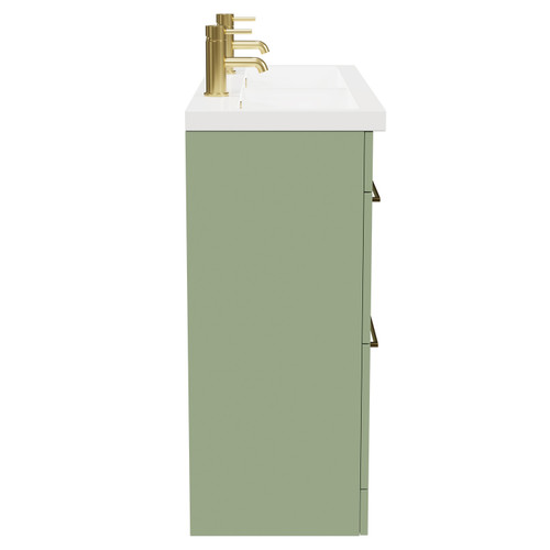 Napoli Olive Green 1200mm Floor Standing Vanity Unit with Ceramic Double Basin and 4 Drawers with Brushed Brass Handles View From Side
