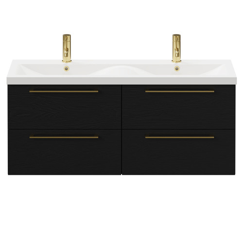 Napoli Nero Oak 1200mm Wall Mounted Vanity Unit with Ceramic Double Basin and 4 Drawers with Brushed Brass Handles Front View