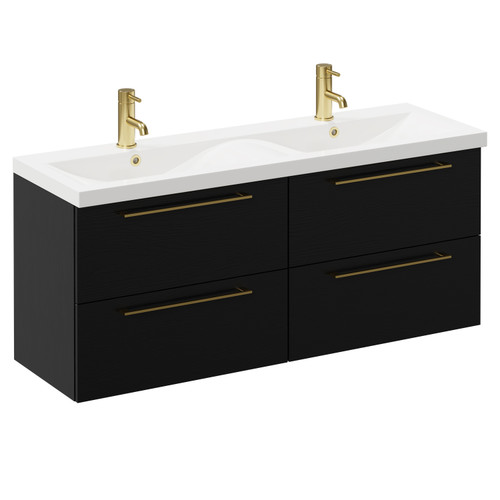 Napoli Nero Oak 1200mm Wall Mounted Vanity Unit with Ceramic Double Basin and 4 Drawers with Brushed Brass Handles Left Hand View