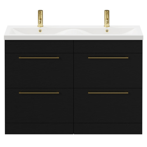 Napoli Nero Oak 1200mm Floor Standing Vanity Unit with Ceramic Double Basin and 4 Drawers with Brushed Brass Handles Front View