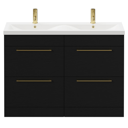 Napoli Nero Oak 1200mm Floor Standing Vanity Unit with Ceramic Double Basin and 4 Drawers with Brushed Brass Handles Front View