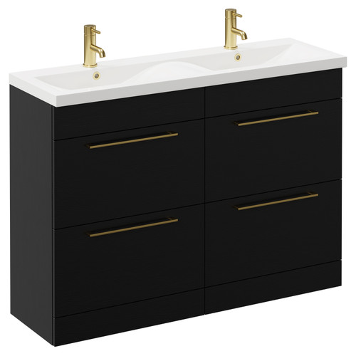 Napoli Nero Oak 1200mm Floor Standing Vanity Unit with Ceramic Double Basin and 4 Drawers with Brushed Brass Handles Left Hand View