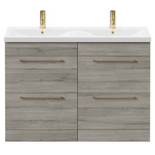 Napoli Molina Ash 1200mm Floor Standing Vanity Unit with Ceramic Double Basin and 4 Drawers with Brushed Brass Handles Front View