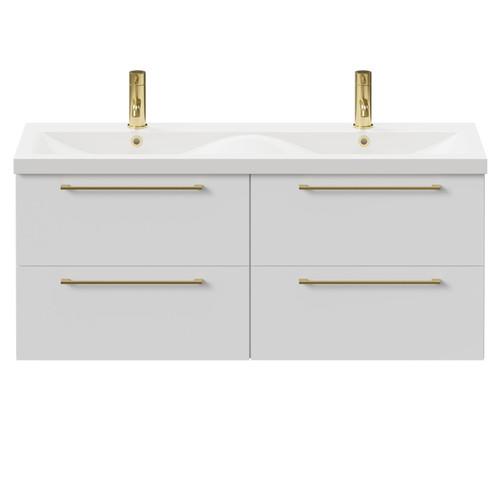 Napoli Gloss White 1200mm Wall Mounted Vanity Unit with Ceramic Double Basin and 4 Drawers with Brushed Brass Handles Front View