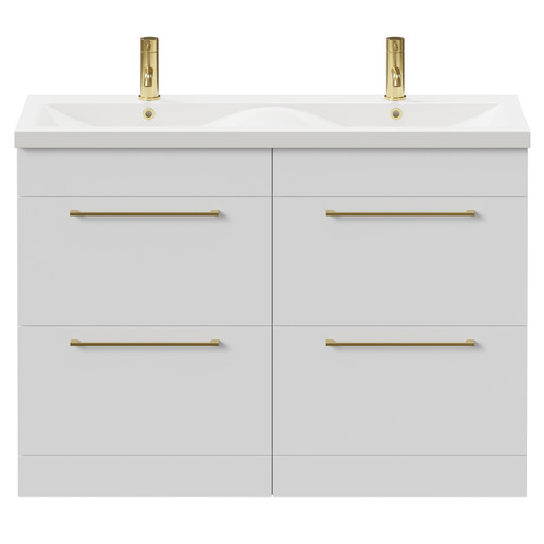 Napoli Gloss White 1200mm Floor Standing Vanity Unit with Ceramic Double Basin and 4 Drawers with Brushed Brass Handles Front View