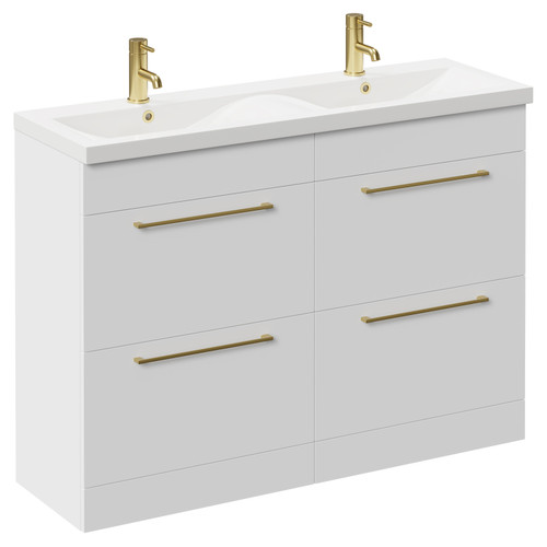 Napoli Gloss White 1200mm Floor Standing Vanity Unit with Ceramic Double Basin and 4 Drawers with Brushed Brass Handles Left Hand View