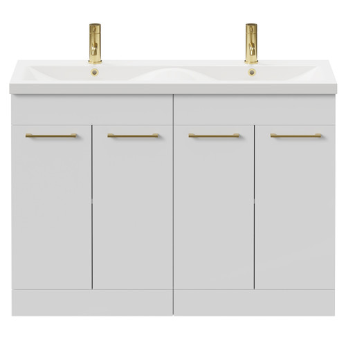 Napoli Gloss White 1200mm Floor Standing Vanity Unit with Ceramic Double Basin and 4 Doors with Brushed Brass Handles Front View