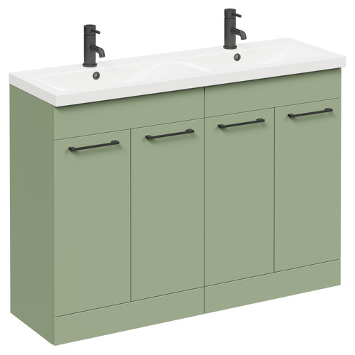 Napoli Olive Green 1200mm Floor Standing Vanity Unit with Ceramic Double Basin and 4 Doors with Matt Black Handles Left Hand View