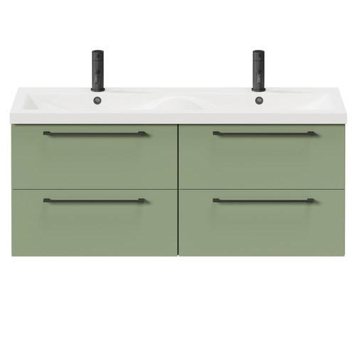 Napoli Olive Green 1200mm Wall Mounted Vanity Unit with Ceramic Double Basin and 4 Drawers with Matt Black Handles Front View Napoli Olive Green 1200mm Wall Mounted Vanity Unit with Ceramic Double Basin and 4 Drawers with Matt Black Handles Front View