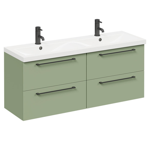 Napoli Olive Green 1200mm Wall Mounted Vanity Unit with Ceramic Double Basin and 4 Drawers with Matt Black Handles Left Hand View Napoli Olive Green 1200mm Wall Mounted Vanity Unit with Ceramic Double Basin and 4 Drawers with Matt Black Handles Left Hand View