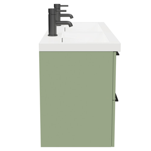 Napoli Olive Green 1200mm Wall Mounted Vanity Unit with Ceramic Double Basin and 4 Drawers with Matt Black Handles View From Side Napoli Olive Green 1200mm Wall Mounted Vanity Unit with Ceramic Double Basin and 4 Drawers with Matt Black Handles View From Side