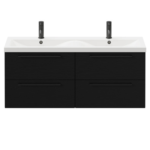 Napoli Nero Oak 1200mm Wall Mounted Vanity Unit with Ceramic Double Basin and 4 Drawers with Matt Black Handles Front View