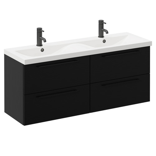 Napoli Nero Oak 1200mm Wall Mounted Vanity Unit with Ceramic Double Basin and 4 Drawers with Matt Black Handles Left Hand View