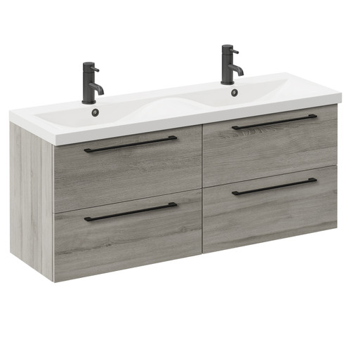 Napoli Molina Ash 1200mm Wall Mounted Vanity Unit with Ceramic Double Basin and 4 Drawers with Matt Black Handles Left Hand View