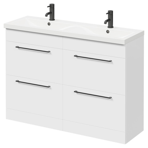Napoli Gloss White 1200mm Floor Standing Vanity Unit with Ceramic Double Basin and 4 Drawers with Matt Black Handles Right Hand View