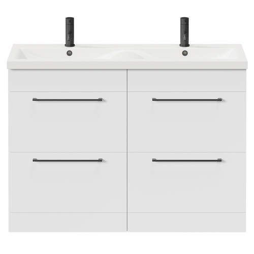 Napoli Gloss White 1200mm Floor Standing Vanity Unit with Ceramic Double Basin and 4 Drawers with Matt Black Handles Front View