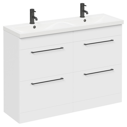Napoli Gloss White 1200mm Floor Standing Vanity Unit with Ceramic Double Basin and 4 Drawers with Matt Black Handles Left Hand View