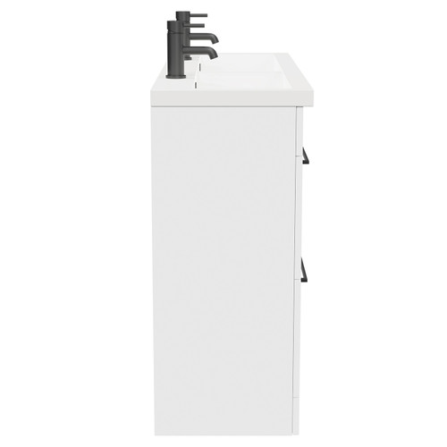 Napoli Gloss White 1200mm Floor Standing Vanity Unit with Ceramic Double Basin and 4 Drawers with Matt Black Handles View From Side