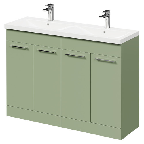 Napoli Olive Green 1200mm Floor Standing Vanity Unit with Ceramic Double Basin and 4 Doors with Polished Chrome Handles Right Hand View