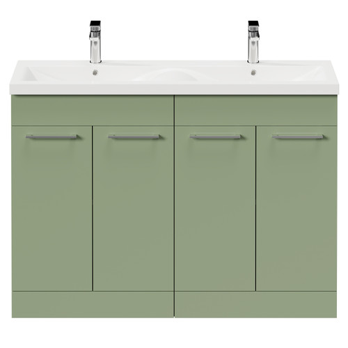 Napoli Olive Green 1200mm Floor Standing Vanity Unit with Ceramic Double Basin and 4 Doors with Polished Chrome Handles Front View