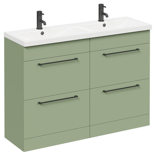 Napoli Olive Green 1200mm Floor Standing Vanity Unit with Ceramic Double Basin and 4 Drawers with Matt Black Handles Left Hand View