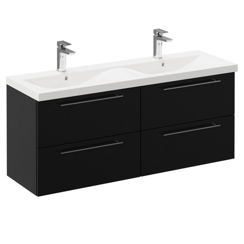 Napoli Nero Oak 1200mm Wall Mounted Vanity Unit with Ceramic Double Basin and 4 Drawers with Polished Chrome Handles Left Hand View