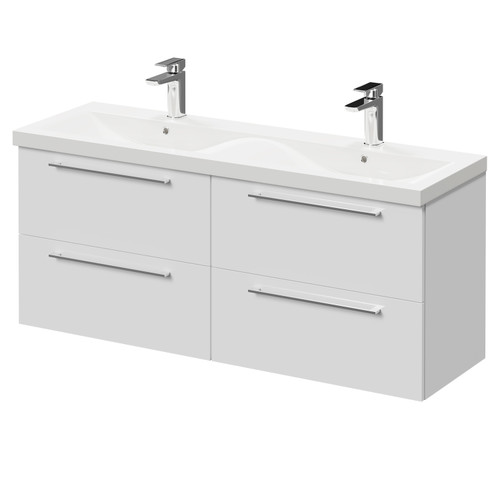 Napoli Gloss White 1200mm Wall Mounted Vanity Unit with Ceramic Double Basin and 4 Drawers with Polished Chrome Handles Right Hand View