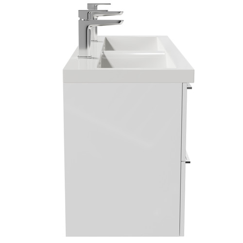 Napoli Gloss White 1200mm Wall Mounted Vanity Unit with Ceramic Double Basin and 4 Drawers with Polished Chrome Handles View From Side